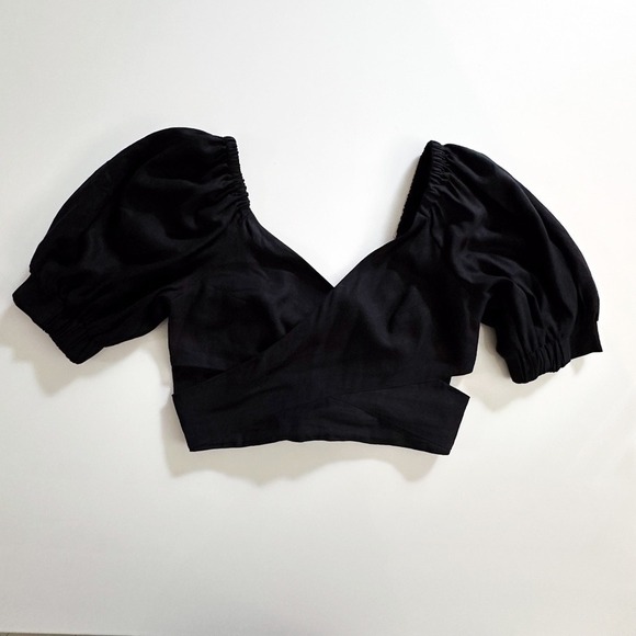 NWT Anthropologie Black Crop Top Puff Sleeve Blouse Criss Cross Open Back Party - Picture 5 of 14